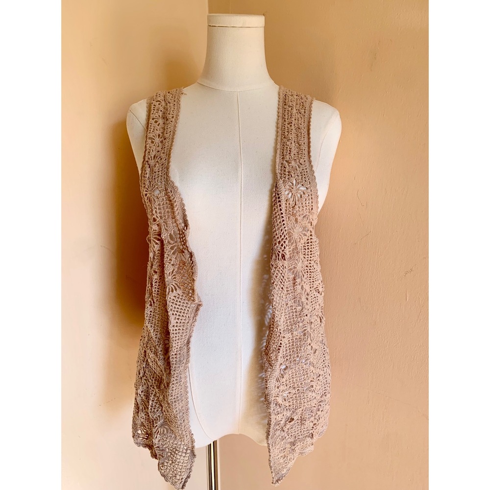Vintage Tan Crochet Lace Floral Open Front Vest Boho Sleeveless Cardigan Scalope